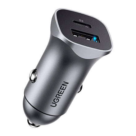 Зарядное устройство автомобильное с USB и Type-C входами 3A 20W Ugreen CD130 (быстрая зарядка PD 3.0, QC 3.0) серебристое