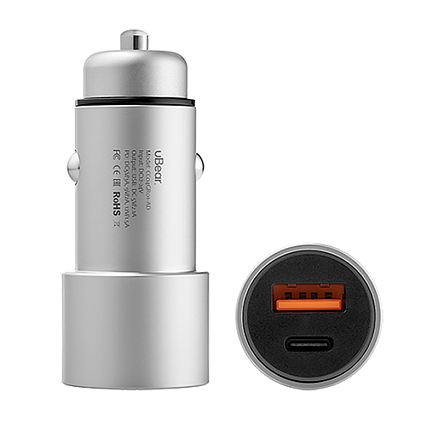 Зарядное устройство автомобильное с USB и Type-C входами 3A 20W uBear Ride (быстрая зарядка PD 3.0, QC 3.0) серебристое