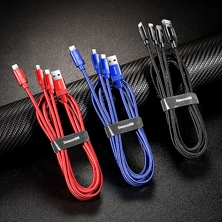 Кабель USB - MicroUSB, Lightning, Type-C 1,2 м 3.5A плетеный Baseus Data Faction синий