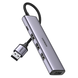USB 3.0 HUB (разветвитель) на 4 порта USB 3.0 Ugreen CM473 с питанием Type-C серый