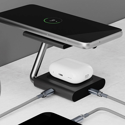 Беспроводная зарядка MagSafe 2-в-1 для телефона и наушников 15W 3A VLP Zen Charger (быстрая зарядка) серая