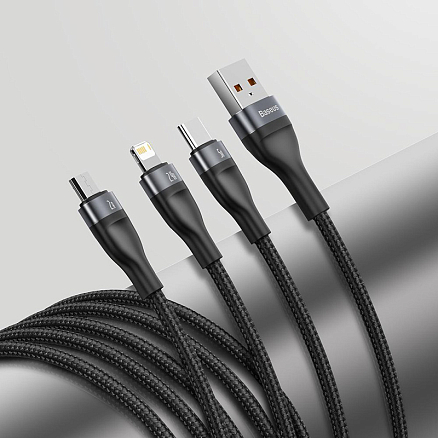 Кабель USB - Lightning, MicroUSB, Type-C 1,2 м 5A 66W плетеный Baseus Flash (быстрая зарядка) черный 