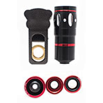 Объектив для телефона универсальный 4-в-1: Fisheye, Wide-Angle, Macro, Telephoto 10х на прищепке темно-серый