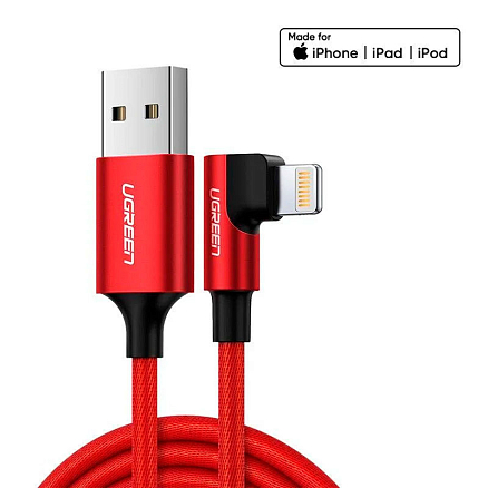 Кабель USB - Lightning для зарядки iPhone 1 м 2.4А MFi с угловым Lightning плетеный Ugreen US299 красный