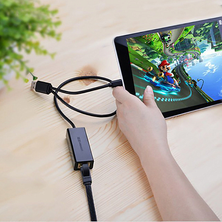 Переходник USB 2.0 - Ethernet RJ45 (папа - мама) с кабелем Ugreen CR110 черный