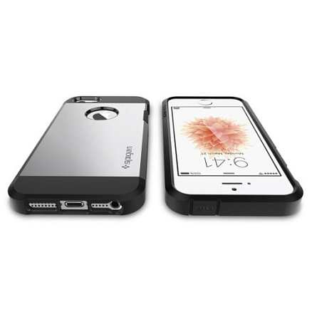 Чехол для iPhone 5, 5S, SE гибридный для экстремальной защиты Spigen SGP Tough Armor серебристый