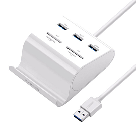 USB 3.0 HUB (разветвитель) на 3 порта с картридером и подставкой для телефона Urgeen US156 c питанием белый