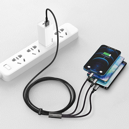 Кабель USB - MicroUSB, Lightning, Type-C для зарядки 1,5 м 3.5А плетеный Baseus Tungsten Gold черный