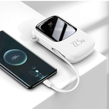 Внешний аккумулятор Baseus Qpow Digital с встроенным кабелем Type-C 20000мАч (USB, Type-C, Lightning, ток 5А, 22.5 Вт) белый
