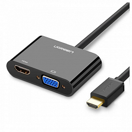Преобразователь HDMI - VGA + Audio, HDMI (папа - мама, мама) с кабелем Ugreen CM101 черный