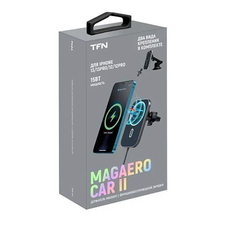 Держатель автомобильный на панель и в решетку обдува с беспроводной зарядкой MagSafe (быстрая) TFN MagAero Car черный