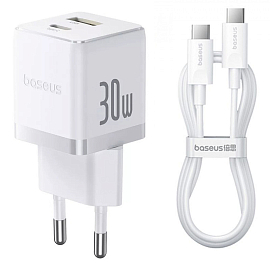 Зарядное устройство сетевое с USB и Type-C входами 3А 30W с кабелем Type-C 60W Baseus Palm (быстрая зарядка PD) белое