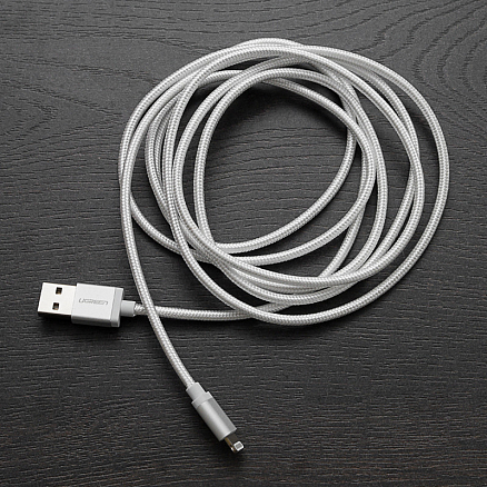 Кабель USB - Lightning для зарядки iPhone 2 м MFi плетеный Ugreen US199 (быстрая зарядка) серебристый