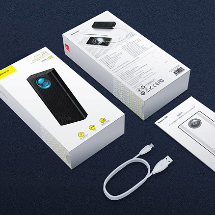 Внешний аккумулятор Baseus Amblight 30000мАч (4хUSB, Type-C, ток 3А, быстрая зарядка PD, QC 3.0, 33Вт) черный