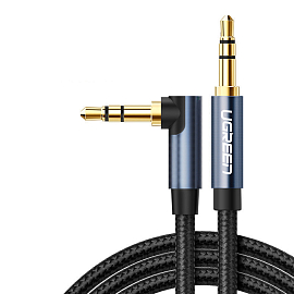 Кабель 3,5 мм - 3,5 мм угловой (стандартный аудио разъем) Aux 1,5 метра плетеный Ugreen AV112 черный