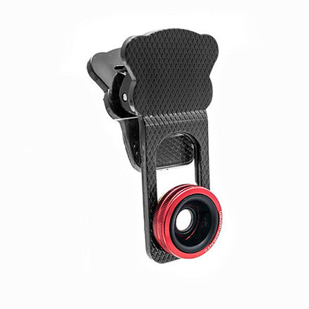 Объектив для телефона универсальный 4-в-1: Fisheye, Wide-Angle, Macro, Telephoto 10х на прищепке темно-серый