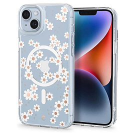 Чехол для iPhone 14 гибридный Spigen Cyrill Cecile White Daisy MagSafe прозрачный