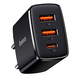 Зарядное устройство сетевое с двумя USB и Type-C входом 3А 30W Baseus Compact (быстрая зарядка PD, QC 3.0) черное