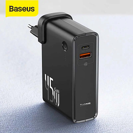 Зарядное устройство сетевое с USB и Type-C входами 5А 45W (быстрая зарядка QC 3.0, PD 3.0) + внешний аккумулятор 10000мАч Baseus GaN Power Station черное