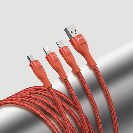 Кабель USB - Lightning, MicroUSB, Type-C 1,2 м 5A 40W плетеный Baseus Flash (быстрая зарядка) оранжевый 