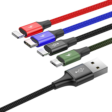 Кабель USB - 2 х Lightning, MicroUSB, Type-C 1,2 м 3.5A плетеный Baseus Rapid черный