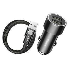 Зарядное устройство автомобильное с двумя USB входами 3.4A и Type-C кабелем Baseus Small Screw (быстрая зарядка QC 3.0) черное
