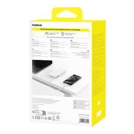 Внешний аккумулятор Baseus Bipow 2 Digital с встроенным кабелем Type-C 20000мАч (USB, Type-C, быстрая зарядка PD, QC, ток 2.4А, 20Вт) белый