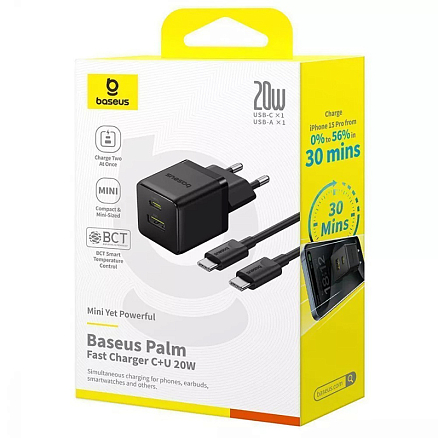 Зарядное устройство сетевое с USB и Type-C входами 3А 20W с кабелем Type-C 60W Baseus Palm (быстрая зарядка PD) черное