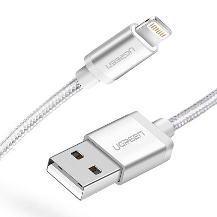 Кабель USB - Lightning для зарядки iPhone 2 м MFi плетеный Ugreen US199 (быстрая зарядка) серебристый