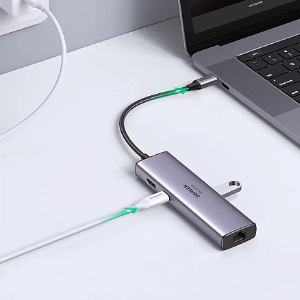 Хаб (разветвитель) Type-C - USB 3.0, HDMI 4K 30Hz, RJ45, SD, microSD, PD 100W Ugreen CM512 серый