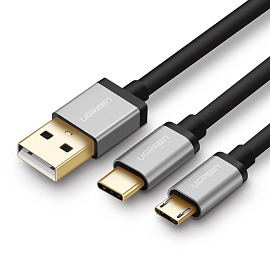Кабель USB - MicroUSB, Type-C 1,5 м 2.4A Ugreen US196 черный