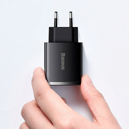 Зарядное устройство сетевое с двумя USB и Type-C входом 3А 30W Baseus Compact (быстрая зарядка PD, QC 3.0) черное