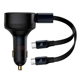 Зарядное устройство автомобильное с кабелем 2 х Type-C 33W Baseus Enjoyment Retractable (быстрая зарядка PD) черное