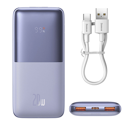 Внешний аккумулятор Baseus Bipow Pro Digital Overseas Edition с дисплеем 10000мАч (USB, Type-C, ток 3А, быстрая зарядка PD, QC 3.0, 20Вт) фиолетовый