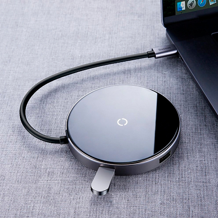 Беспроводная зарядка для телефона с USB хабом на 4 порта Baseus Circular Mirror (быстрая зарядка) c Type-C кабелем черная