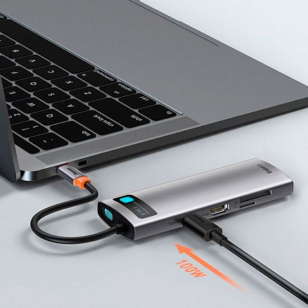 Хаб (разветвитель) Type-C - 3 х USB 3.0, HDMI 4K, RJ45, SD, microSD Baseus Metal Gleam серый