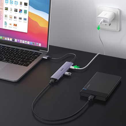 USB 3.0 HUB (разветвитель) на 4 порта USB 3.0 Ugreen CM473 с питанием Type-C серый