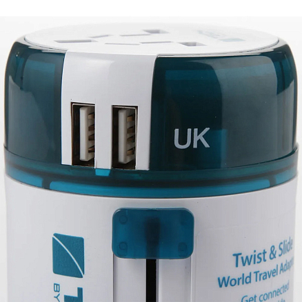 Переходник для розетки универсальный c двумя USB Travel Blue Sliding бело-синий