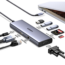 Хаб (разветвитель) Type-C -3 x USB 3.0, HDMI 4K 30Hz, VGA, RJ45, SD, microSD, PD 100W Ugreen CM498-15600 серый