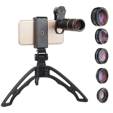 Объектив для телефона универсальный 6-в-1: Telephoto 16Х, Fisheye, Wide-Angle, Macro и 2 фильтра Apexel APL-JS16 + штатив для телефона