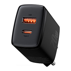 Зарядное устройство сетевое с USB и Type-C входами 3А 20W Baseus Compact CCXJ-B01 (быстрая зарядка PD, QC 3.0) черное