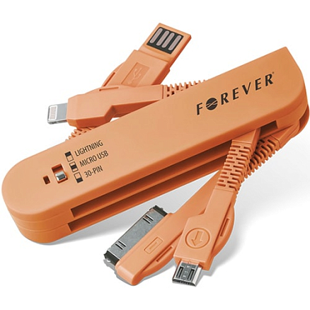 Адаптер USB 3-в-1 microUSB + Apple 30-pin + Apple Lightning Forever оранжевый