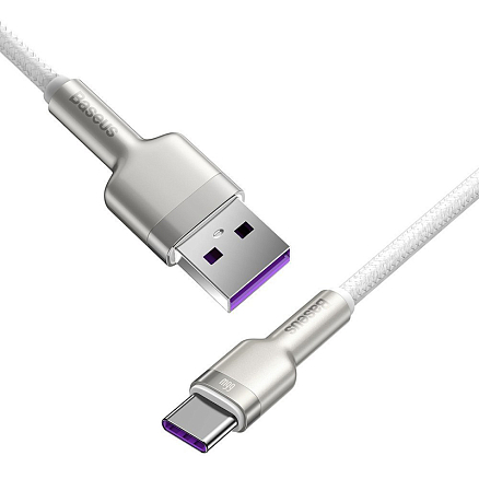 Кабель Type-C - USB для зарядки 1 м плетеный 6А 66W Baseus Cafule Metal Data CAKF000102 (быстрая зарядка) белый