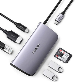 Переходник Type-C - HDMI 4K 30Hz, 2 x USB, SD, MicroSD + Gigabit Ethernet Ugreen CM212 50852 с питанием Type-C серый