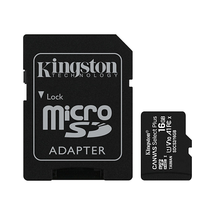 Карта памяти Kingston Canvas Select Plus MicroSDHC 16Gb UHS-I U1 V10 100 Мб/с с адаптером SD