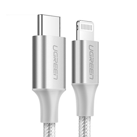 Кабель Type-C - Lightning для зарядки 2 м 3А MFi плетеный Ugreen US304 (быстрая зарядка PD) белый