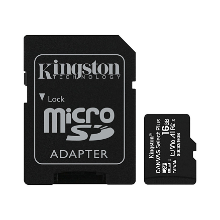 Карта памяти Kingston Canvas Select Plus MicroSDHC 16Gb UHS-I U1 V10 100 Мб/с с адаптером SD