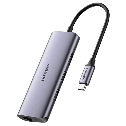 Хаб (разветвитель) Type-C - 3 х USB 3.0, Gigabit Ethernet с питанием MicroUSB Ugreen CM252-60718 серый