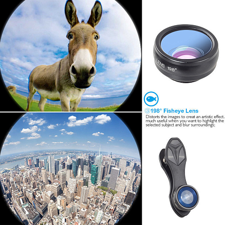 Объектив для телефона универсальный 10-в-1: Telephoto 2X, Fisheye, Wide-Angle, Macro и 6 фильтров Apexel APL-DG10