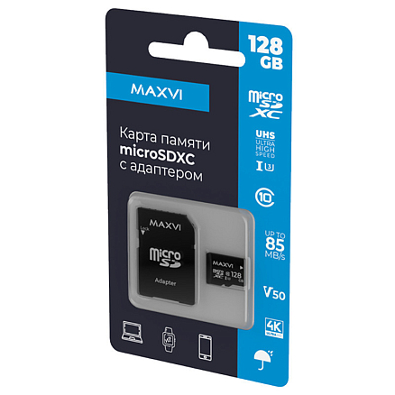 Карта памяти Maxvi MSD128GBC10V50 MicroSDXC 128Gb Class 10 UHS-I V50 с адаптером SD